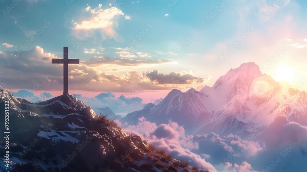 Mountain landscape with cross in the sky
