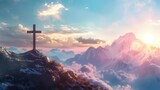Mountain landscape with cross in the sky