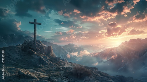 Mountain landscape with cross in the sky photo