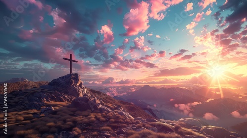 Mountain landscape with cross in the sky photo