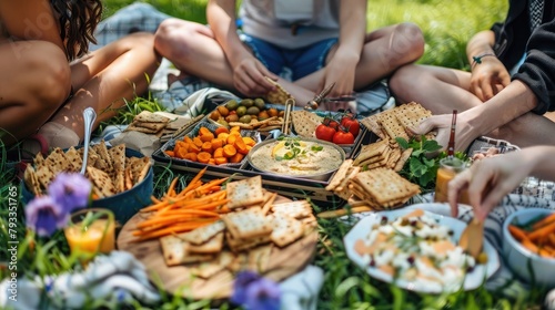 group of friends enjoying a picnic in the park, feasting on a spread of healthy snacks like crudites, hummus, and whole grain crackers.