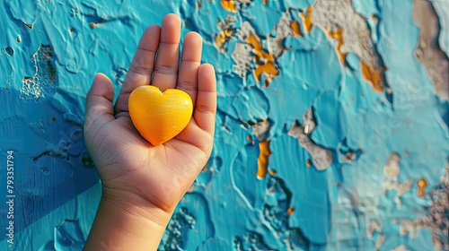 A child s hand rests on a vibrant blue backdrop cradling a sunny yellow heart in its palm photo