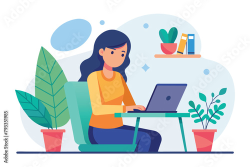 A woman is seated at a desk, typing on a laptop computer, woman working on an assignment using a laptop, Simple and minimalist flat Vector Illustration