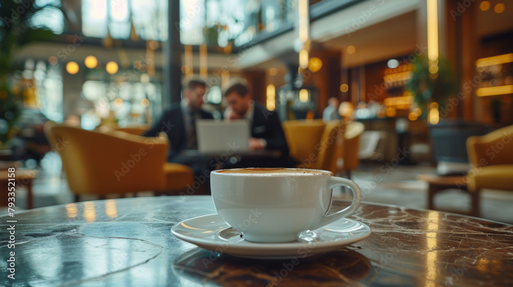 A steaming cup of coffee on a marble table, with two businessmen in the background at a cozy cafe. A steaming cup of coffee on a marble table, with two businessmen in the background at a cozy cafe.