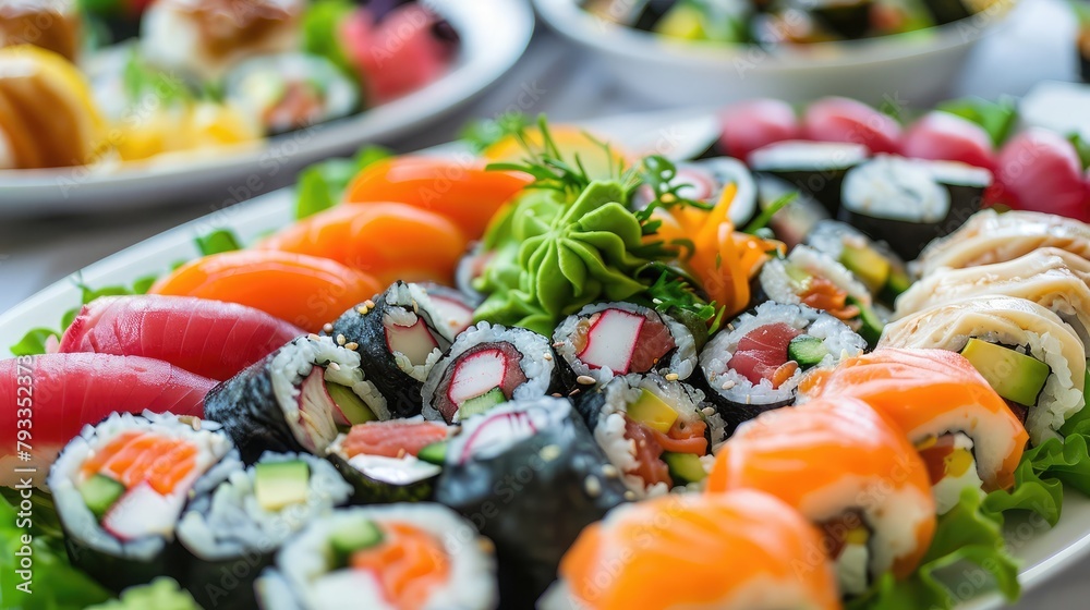 plate of colorful sushi rolls arranged beautifully on a platter, featuring fresh fish, avocado, and crunchy vegetables wrapped in rice and seaweed. plate of colorful sushi rolls arranged beautifully on a platter, featuring fresh fish, avocado, and crunchy vegetables wrapped in rice and seaweed.