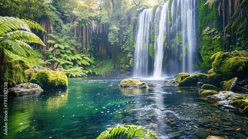 waterfall cascading down mossy rocks into a crystal-clear pool below  surrounded by lush greenery and ferns.