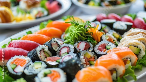 plate of colorful sushi rolls arranged beautifully on a platter, featuring fresh fish, avocado, and crunchy vegetables wrapped in rice and seaweed. © buraratn