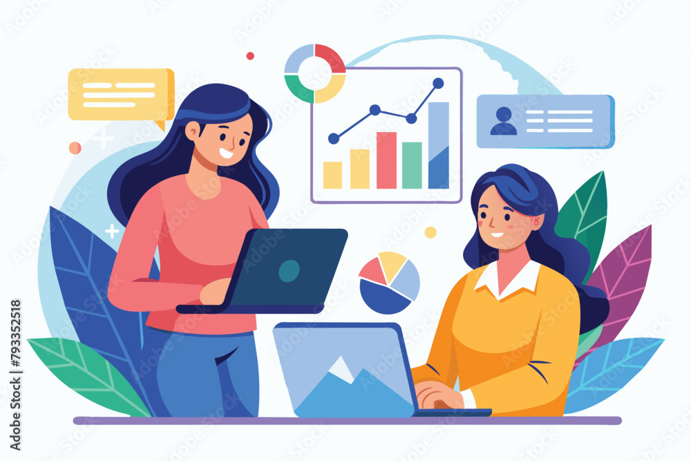 Two women are concentrating on their laptops while sitting at a table, women analysed the data using a laptop, Simple and minimalist flat Vector Illustration