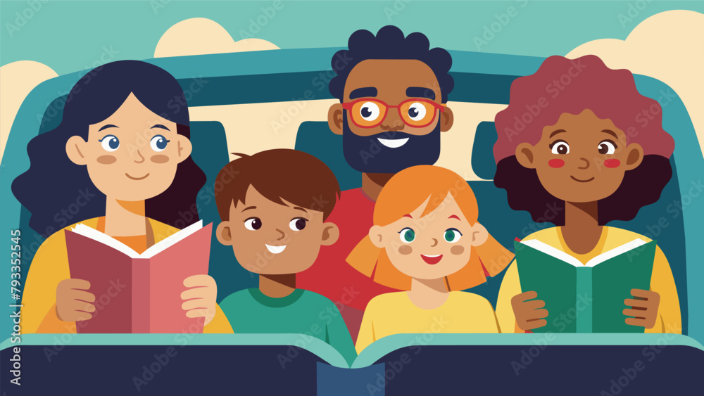A snapshot of a family road trip with everyone engrossed in the first book club selection taking turns reading chapters out loud and discussing A snapshot of a family road trip with everyone engrossed in the first book club selection taking turns reading chapters out loud and discussing
