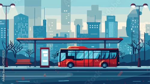 Bus and bus stop on abstract cityscape background. Vector photo