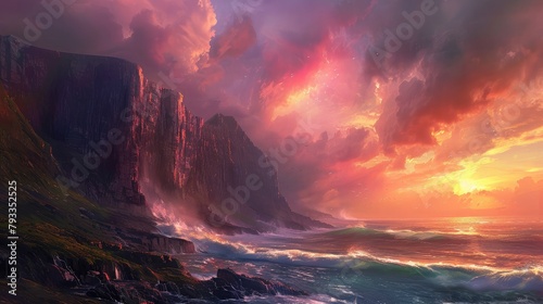 scenic coastal vista with rugged cliffs and crashing waves, under a dramatic sky painted with hues of pink and gold at sunset.