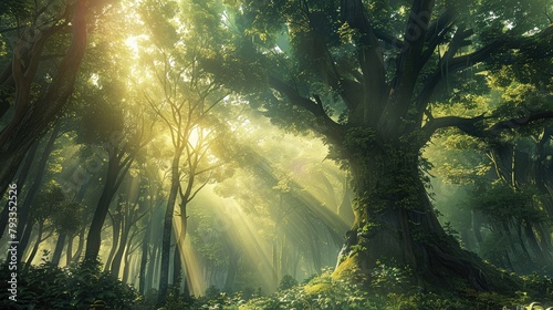 serene forest scene with towering trees and dappled sunlight filtering through the canopy, creating a tranquil and peaceful atmosphere. photo