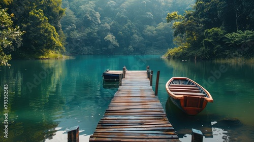 serene lake surrounded by lush forest, with a wooden dock stretching out into the water and a small rowboat moored nearby. photo