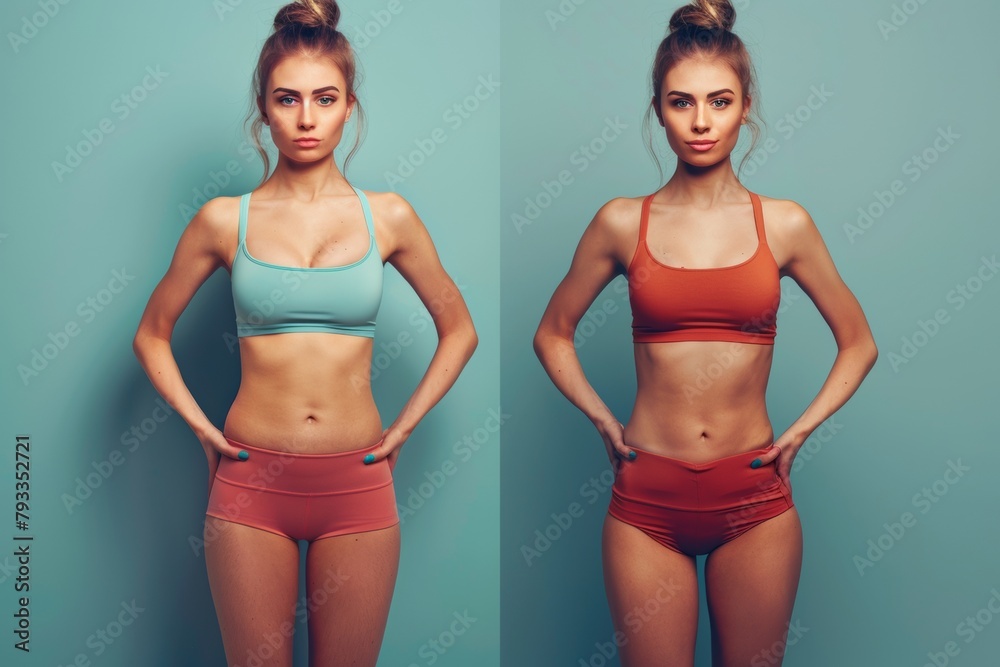 Side-by-side images of a woman before and after her fitness journey, posing in athletic wear Side-by-side images of a woman before and after her fitness journey, posing in athletic wear