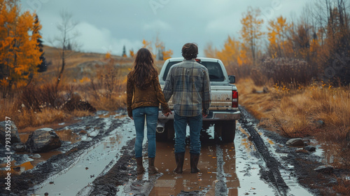 A couple holding hands facing a rustic autumn landscape with trees and a pickup truck.