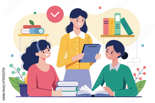 Three women are seated at a table, engaged in reading and studying books, women are learning by rules, Simple and minimalist flat Vector Illustration