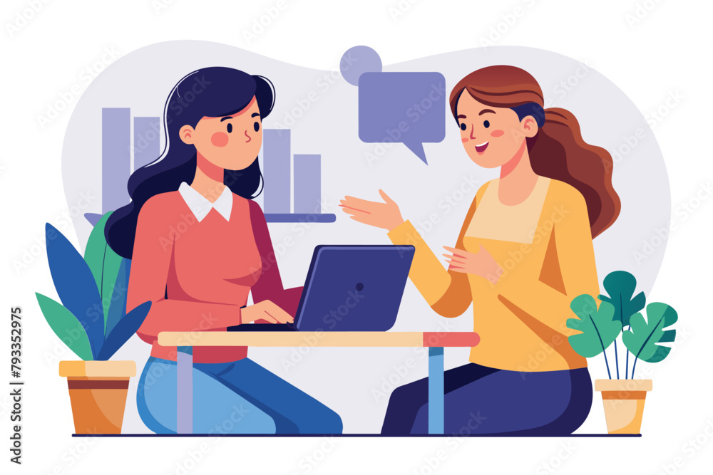 Two women engaged in a business discussion while sitting at a table with a laptop, Women are talking about business, Simple and minimalist flat Vector Illustration Two women engaged in a business discussion while sitting at a table with a laptop, Women are talking about business, Simple and minimalist flat Vector Illustration