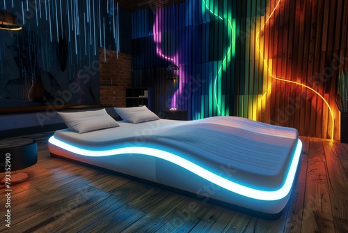 Stylish Intelligent Furniture and Neon Glow Accents Illuminate Minimalist, Ergonomic Bedroom Designs: Functional Brightness for Living Comfort.