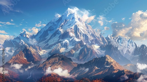 A stunning mountain landscape with snow-capped peaks and a clear blue sky, showcasing the beauty and majesty of nature.