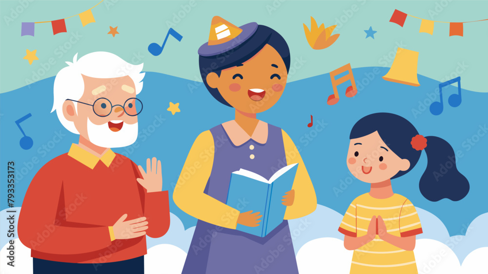 A grandparent proudly watches their grandchild sing a song in their newly learned language at a schools language fair. After the show they A grandparent proudly watches their grandchild sing a song in their newly learned language at a schools language fair. After the show they