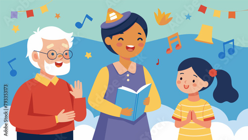 A grandparent proudly watches their grandchild sing a song in their newly learned language at a schools language fair. After the show they