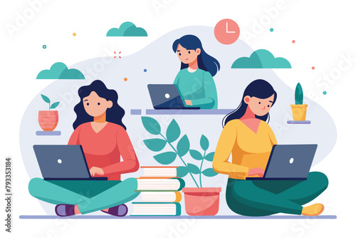 Three female individuals sitting on the ground are engaged in their laptops, focusing on assignments, women do assignments using laptops, Simple and minimalist flat Vector Illustration