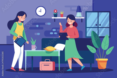 Two women are standing next to a table in a simple and minimalist flat vector illustration, women going to bed, Simple and minimalist flat Vector Illustration