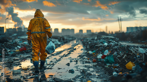 Sanitation worker in a yellow suit collects trash amidst an urban landscape at sunset. photo