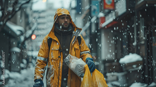 A sanitation worker in a yellow jacket collects trash on a snowy city street.