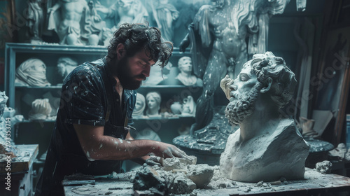 Artist sculpting a bust in a workshop surrounded by other sculptures with a dramatic lighting. photo