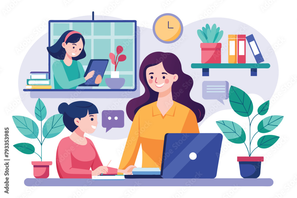 Woman Sitting at Desk With Laptop Computer, women online video communication with the concept of discussing or studying remotely, Simple and minimalist flat Vector Illustration