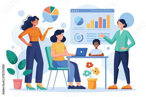 A diverse group of colleagues standing around a table, focusing on a laptop displaying data analysis, women present analysis data to colleagues, Simple and minimalist flat Vector Illustration