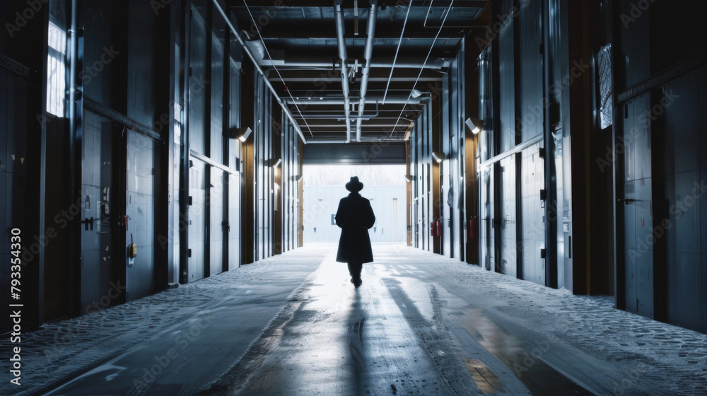 Silhouette of a security guard standing in a dimly lit corridor with a cinematic atmosphere.