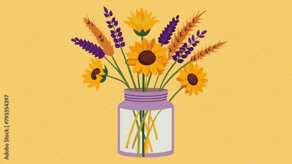 Naklejka premium Bringing a touch of the countryside indoors a mixture of sunflowers lavender and wheat stalks are thoughtfully arranged in a rustic mason jar perfect.
