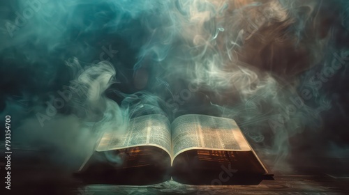 Open bible on a dark background with rays of light and smoke photo