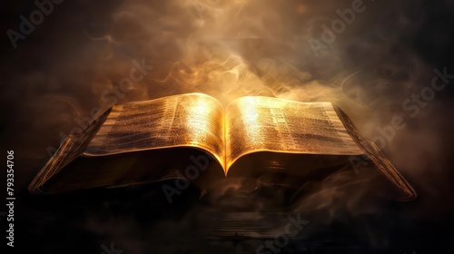 Open bible on a dark background with rays of light and smoke photo