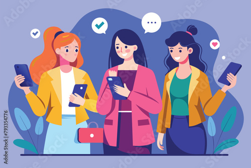 Three women standing together, each holding a cell phone, women using mobile phones for social media promotion, Simple and minimalist flat Vector Illustration