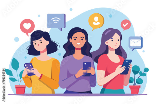 Three women stand side by side, each holding a cell phone, engaged in social media promotion, women using mobile phones for social media promotion, Simple and minimalist flat Vector Illustration