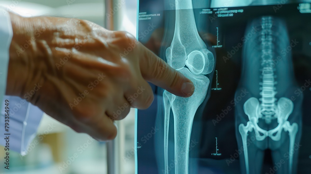 Orthopedic surgeon doctor examining patient's knee joint x-ray films, MRI bone, CT scan in at radiology orthopedic unit, hospital background. knee joint film x ray