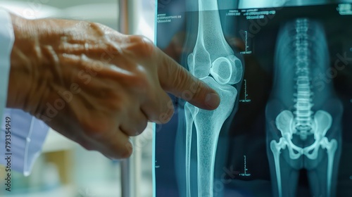 Orthopedic surgeon doctor examining patient's knee joint x-ray films, MRI bone, CT scan in at radiology orthopedic unit, hospital background. knee joint film x ray photo