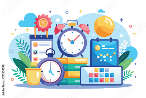 A collection of various types of clocks stacked on top of each other, Work deadlines with alarms and calendars concept flat illsutration photo