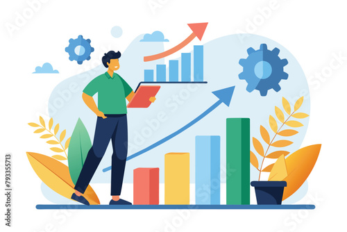 A worker analyzing a sales growth bar chart, focusing on business data and trends, Worker analyzes sales growth graph, Simple and minimalist flat Vector Illustration