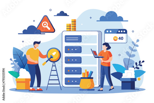Man and Woman Examining Computer Screen With Magnifying Glass, Worker are looking for data storage errors, 404 error, Simple and minimalist flat Vector Illustration