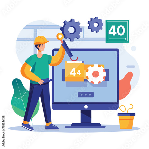 A man is focused on fixing a computer screen displaying a page not found error, worker fix screen page not found 404, Simple and minimalist flat Vector Illustration
