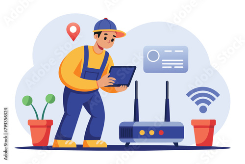 A worker stands next to a wifi router, inspecting a tablet for maintenance, worker is checking wifi router, Simple and minimalist flat Vector Illustration