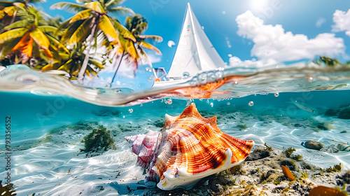 Paysage sous marin et marin, avec coquillage, palmier et voilier, vue en coupe photo