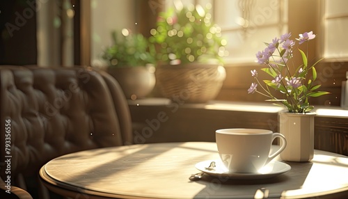 Coffee on wooden table  with sofa  orchid beside. Cozy setup for relaxation and enjoyment                 CoffeeTime
