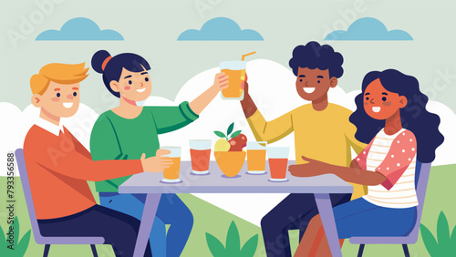 A group of friends sitting around a picnic table clinking glasses of juice as they toast to successfully ordering their meals in a foreign