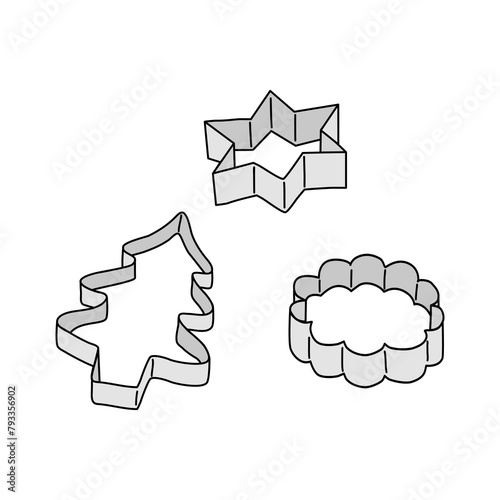 Side view of cookie cutters in different shapes, star, round, Christmas tree, doodle style vector