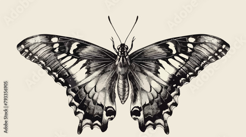 Butterfly retro ink drawing. Outlined detailed hand-drawn